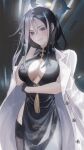  1girl bare_shoulders black_dress black_gloves black_hair blue_archive blush breasts china_dress chinese_clothes cleavage cleavage_cutout clothing_cutout coat coat_on_shoulders crossed_bangs dress gloves grey_eyes grey_thighhighs grin hair_between_eyes halo highres kai_(blue_archive) kangshi large_breasts long_hair looking_at_viewer multicolored_hair parted_bangs side_slit sidelocks smile solo split-color_hair tassel thighhighs tree_print two-tone_hair white_coat white_hair 