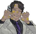  1boy android bad_id bad_twitter_id bbbb_fex black_shirt cheek_pinching commission forced_smile humagear_headphones jacket kamen_rider kamen_rider:_reiwa_the_first_generation kamen_rider_01_(series) male_focus necktie pinching purple_necktie shirt smile sticker white_background white_jacket will_(kamen_rider_01) 