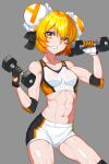  1girl abs absurdres acfun acfun_girl bare_shoulders black_bow black_gloves blonde_hair bow breasts bun_cover clenched_teeth collarbone cowboy_shot double_bun dumbbell elbow_pads exercise gloves grey_background hair_bow hair_bun hands_up highres holding_dumbbell knee_pads lyon5 muscular muscular_female navel short_hair short_shorts shorts small_breasts solo sports_bra stomach sweat teeth thick_eyebrows two-tone_gloves v-shaped_eyebrows weightlifting wet wet_clothes white_gloves white_shorts white_sports_bra yellow_eyes 