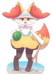  3_fingers 3_toes anthro bikini black_body black_fur blue_bikini blue_clothing blue_swimwear blush braixen cheek_tuft clothed clothing digital_media_(artwork) facial_tuft feet female fingers flat_chested food fruit full-length_portrait fur generation_6_pokemon hat headgear headwear hi_res holding_food holding_fruit holding_melon holding_object holding_stick holding_watermelon inner_ear_fluff looking_at_viewer melon midriff moduckten navel nintendo open_mouth plant pokemon pokemon_(species) portrait red_body red_eyes red_fur sand seaside smile snaggle_tooth solo standing stick straw_hat swimwear tail teeth toes tongue topwear tuft watermelon white_body white_fur yellow_body yellow_fur 