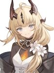  1girl arknights blonde_hair blue_eyes blunt_bangs blush bodysuit bodysuit_under_clothes closed_mouth commentary_request dragon_horns dress flower horns light_in_heart lily_(flower) long_hair looking_at_viewer reed_(arknights) reed_the_flame_shadow_(arknights) revision simple_background smile solo touchika upper_body white_background white_dress 