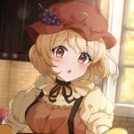  1girl :o aki_minoriko apron black_ribbon blonde_hair blurry blurry_background blush breasts brown_apron brown_headwear chromatic_aberration depth_of_field frilled_apron frills grape_hat_ornament hair_between_eyes hat head_tilt highres indoors kitchen looking_at_viewer medium_breasts medium_hair mob_cap neck_ribbon open_mouth red_eyes ribbon sleeves_rolled_up solo suspenders tile_wall tiles touhou upper_body wheat_retzel 