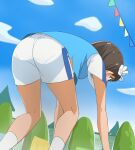  1girl ass blue_sky brown_hair character_request cloud haruyama_kazunori kirakira_precure_a_la_mode long_hair pantylines precure shorts sky solo tree 