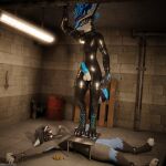  1:1 3d_(artwork) absurd_res animal_genitalia animal_penis anthro anthro_on_anthro arms_tied arrin ball_gag ballbusting balls basement bdsm biped blender_(software) blender_cycles blue_body blue_penis bodily_fluids bondage bondage_gear boots bound canid canine canine_genitalia canine_penis chain chastity_cage chastity_device claws clothing cock_and_ball_torture cuff_(restraint) cuffs_(clothing) cum cumshot degradation digital_media_(artwork) dominant dominant_male dragonplayer dragonplayer_(character) duo ejaculation erection exposed_balls feet foot_fetish foot_on_balls foot_play footwear forced fox fur furniture gag gagged genital_fluids genital_torture genitals glistening glistening_body gold_(metal) gold_chastity_cage gold_chastity_device hair hi_res hindpaw humiliation inside knot latex latex_boots latex_clothing legs_tied male male/male mammal metal_chastity_cage metal_cuffs multicolored_body muzzle_gag on_ground open_mouth pain paw_on_penis paws penis pinned_to_ground pipe prison prison_cell reflection restraints rexouium rubber rubber_boots rubber_clothing rubber_suit slim slim_anthro slim_male slim_sub smile spread_arms spread_legs spreading standing standing_on_balls standing_on_penis stepping_on_balls stomping submissive submissive_male tail tight_clothing toes toes_on_balls torture trampling white_body 