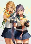  2girls 9-ga akebono_(kancolle) akebono_kai_ni_(kancolle) artist_name bandaid bandaid_on_face bell black_choker black_gloves blue_skirt bouquet brown_eyes choker dated fang flower gloves green_sailor_collar hair_bell hair_between_eyes hair_flower hair_ornament highres holding holding_bouquet jingle_bell kantai_collection light_brown_hair long_hair multiple_girls oboro_(kancolle) pink_flower pleated_skirt purple_eyes purple_hair sailor_collar school_uniform serafuku short_hair short_sleeves side_ponytail signature skirt 