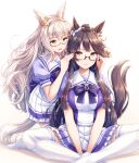  2girls :d adjusting_another&#039;s_eyewear akashio_(loli_ace) animal_ears bandaid bandaid_on_face bandaid_on_nose biwa_hayahide_(umamusume) black_hair breasts commentary_request ear_ornament frilled_skirt frills frown hair_between_eyes highres horse_ears horse_tail indian_style kneeling large_breasts long_hair multiple_girls narita_brian_(umamusume) no_shoes open_mouth pleated_skirt ponytail puffy_short_sleeves puffy_sleeves red-framed_eyewear school_uniform semi-rimless_eyewear short_sleeves sidelocks simple_background sitting skirt smile tail thighhighs tracen_school_uniform umamusume under-rim_eyewear v_arms very_long_hair white_background white_hair white_thighhighs yellow_eyes 