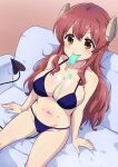  1girl bikini breasts brown_eyes brown_hair cleavage couch demon_girl demon_horns demon_tail food food_in_mouth food_on_body food_on_breasts highres horns ice_cream indoors large_breasts light_blush long_hair machikado_mazoku mukaibi_aoi popsicle_in_mouth solo swimsuit tail yoshida_yuuko_(machikado_mazoku) 