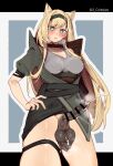  1girl animal_ears arknights bar_censor black_hairband blonde_hair blush breasts censored cowboy_shot cum dark_penis ejaculation erection foreskin futanari green_eyes green_jacket grey_tank_top hairband hand_on_own_hip highres horn_(arknights) jacket large_breasts long_hair mirin_chikuwa parted_lips penis phimosis projectile_cum solo tank_top test thigh_strap wolf_ears 