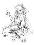  1girl 80isiiii absurdres blush full_body greyscale highres horns monochrome nippaku_zanmu oni_horns open_mouth shirt short_sleeves shorts simple_background sketch skull smile solo touhou white_background 