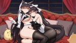  2girls animal_ear_fluff ass atago_(azur_lane) atago_(stunning_speedster)_(azur_lane) azur_lane bare_shoulders bikini black_bikini black_hair black_pantyhose black_thighhighs bow breasts closed_mouth couch elbow_gloves gloves hair_bow hand_up highres hug indoors large_breasts leotard long_hair long_sleeves looking_at_viewer manjuu_(azur_lane) multiple_girls official_alternate_costume on_couch otakueden1995 pantyhose pillow ponytail race_queen sidelocks sitting smile stomach swimsuit takao_(azur_lane) takao_(full_throttle_charmer)_(azur_lane) thighhighs white_bow white_gloves white_leotard yellow_eyes 