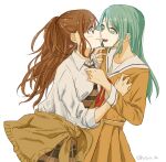  2girls aqua_hair bang_dream! brown_dress brown_hair brown_necktie brown_skirt cardigan cardigan_around_waist clothes_around_waist dress earrings green_eyes hanasakigawa_school_uniform haneoka_school_uniform hikawa_sayo holding_tie huzya_ta imai_lisa imminent_kiss jewelry long_hair looking_at_another multiple_girls neck_ribbon necktie open_mouth plaid plaid_skirt ponytail rabbit_earrings red_ribbon ribbon school_uniform skirt white_background yuri 