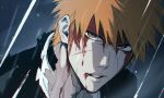  1boy bleach blood brown_eyes cuts injury konetaa kurosaki_ichigo lips looking_at_viewer male_focus orange_hair portrait short_hair solo spiked_hair 