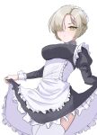  1girl absurdres alternate_costume apron azur_lane black_dress blonde_hair blush bow braid breasts brown_eyes closed_mouth clothes_lift cowboy_shot dress dress_lift enmaided french_braid frilled_apron frilled_dress frills hair_bun hair_over_one_eye headdress highres juliet_sleeves kannzi large_breasts long_sleeves looking_at_viewer maid maid_apron medium_breasts parted_lips puffy_sleeves ribbon sheffield_(azur_lane) short_hair simple_background single_hair_bun skirt_hold smile solo standing thighhighs waist_apron white_apron white_background yellow_eyes 