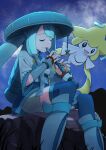  1girl absurdres blue_footwear blue_hair boots closed_eyes flute gauntlets hatsune_miku highres instrument japanese_clothes jirachi knee_boots long_hair music negimiso1989 night night_sky open_mouth outdoors playing_flute playing_instrument pokemon pokemon_(creature) project_voltage sitting sitting_on_tree_stump sky steel_miku_(project_voltage) vocaloid 