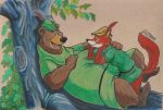  anthro arm_on_shoulder bear bedroom_eyes belly branch canid canine clothed clothing duo fivespot fox green_clothing hat headgear headwear hi_res little_john male male/male mammal narrowed_eyes overweight overweight_anthro overweight_male plant robin_hood seductive tail tree 