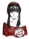  1girl bad_neck black_hair carol0905 closed_mouth collarbone cup hairband holding holding_cup long_hair long_sleeves mug off-shoulder_shirt off_shoulder red_eyes red_hairband red_shirt shirt sidelocks smile solo spy_x_family upper_body yor_briar 