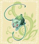  bulbasaur claws fangs floral_background full_body inosuke_(monstruo) looking_at_viewer open_mouth pokemon pokemon_(creature) red_eyes signature smile solo vine_whip 