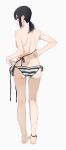  1girl absurdres ankle_strap ass back barefoot bario bikini black_eyes black_hair closed_mouth full_body highres long_hair looking_at_viewer low_ponytail original simple_background solo standing striped striped_bikini swimsuit topless undressing white_background 
