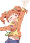  1girl ^_^ arm_up blue_pants blush bow brown_hair buchi_(y0u0ri_) closed_eyes dot_nose green_bow hair_bow highres hood hood_down hoodie idolmaster idolmaster_(classic) idolmaster_million_live! idolmaster_million_live!_theater_days long_sleeves midriff_peek navel open_hand open_mouth orange_hoodie pants simple_background smile solo takatsuki_yayoi twintails upper_body wallet white_background 