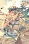  azura_(fire_emblem) blue_hair breasts dress faithom fire_emblem fire_emblem_fates hair_flowing_over highres long_hair medium_breasts open_mouth ribbon solo sparkle veil very_long_hair water white_dress yellow_eyes 