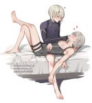  2boys androgynous black_leotard black_nails blonde_hair blue_shirt boosty_username brothers freckles freminet_(genshin_impact) genshin_impact heart incest leotard long_sleeves lying lyney_(genshin_impact) male_focus multiple_boys on_back on_bed on_lap patreon_username purple_eyes pushist00 shirt siblings signature twitter_username white_background 