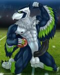  abs anthro armpit_hair avian bird blitz_(disambiguation) blitz_the_seahawk body_hair erection flexing_bicep football_(disambiguation) hi_res iudicium86 kneeling male mascot muscular neck_tuft nfl nipples outside seattle_seahawks solo sport tuft winged_arms wings 