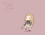  1girl blonde_hair blue_bow blue_eyes bow brown_dress closed_mouth commentary_request dress forehead long_hair long_sleeves looking_at_viewer m3gan m3gan_(character) neck_ribbon pink_background ribbon saiguchi_otoufu simple_background solo standing striped striped_ribbon striped_sleeves water_yoyo 