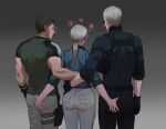  1girl 2boys albert_wesker ass_grab assertive_female back belt black_belt black_gloves black_hair black_pants blonde_hair blue_jacket blush chris_redfield commentary english_commentary female_pervert gloves gradient_background green_shirt grey_pants gun heart highres holster holstered jacket jill_valentine looking_at_another multiple_boys muscular muscular_male pants pervert ponytail resident_evil resident_evil_5 shirt short_hair shoulder_holster simple_background sunglasses sw_art7 thigh_holster weapon 