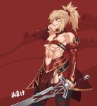  1girl bare_shoulders blonde_hair blood blood_on_hands blush braid breasts clarent_(fate) covered_nipples fate_(series) french_braid fujimaru_ritsuka_(male) green_eyes grin hair_ornament hair_scrunchie highres holding holding_sword holding_weapon long_hair mikoyan mordred_(fate) muscular muscular_female navel open_mouth ponytail red_background red_scrunchie revision scrunchie sidelocks simple_background small_breasts smile sword teeth translated weapon wiping_face 
