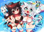  2girls ahoge animal_ear_fluff animal_ears bikini black_bikini black_hair blush braid breasts cleavage commentary_request corn dark_persona dual_persona earrings fox_ears fox_girl fox_tail fubuchun green_eyes hair_between_eyes heart highres holding_hands hololive hood hoodie jewelry kurokami_fubuki large_breasts long_hair looking_at_viewer miteiru_(shirakami_fubuki) multiple_girls open_clothes open_hoodie open_mouth pentagram red_eyes sakuramochi_(sakura_frappe) scrunchie shirakami_fubuki sidelocks single_braid sparkling_eyes spoken_heart sukonbu_(shirakami_fubuki) swimsuit tail v virtual_youtuber wading white_bikini white_hair white_hoodie wrist_scrunchie 