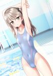  1girl absurdres arm_behind_head armpits black_hairband breasts brown_eyes cameltoe chair clothes_writing collarbone commentary_request covered_navel dutch_angle girls_und_panzer grey_one-piece_swimsuit hairband highleg highleg_swimsuit highres lane_line light_brown_hair long_hair looking_at_viewer multicolored_clothes multicolored_swimsuit one-piece_swimsuit one_side_up parted_lips pool presenting_armpit shimada_arisu small_breasts solo stretching swimsuit takafumi 