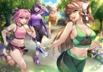  4girls ;o alternate_hairstyle armband bare_arms bare_shoulders bike_shorts blue_eyes blue_sky bottle bow breasts brown_hair bug bush butterfly clenched_hands cloud collarbone commentary crop_top d: day doki_doki_literature_club english_commentary english_text flower green_eyes hair_between_eyes hair_bow hair_ornament hair_ribbon hairclip high_ponytail highres jogging large_breasts light_rays long_hair long_sleeves midriff monika_(doki_doki_literature_club) multiple_girls natsuki_(doki_doki_literature_club) navel one_eye_closed open_mouth outdoors pants pink_eyes pink_hair plastic_bottle potetos7 purple_eyes purple_hair red_bow ribbon running sayori_(doki_doki_literature_club) shoes short_hair short_shorts shorts shorts_under_skirt sidelocks sky small_breasts smile sneakers tree two_side_up very_long_hair water_bottle white_ribbon wince yuri_(doki_doki_literature_club) 