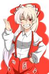  1girl blush bow breasts collared_shirt commentary_request cowboy_shot fujiwara_no_mokou grey_hair grin hair_between_eyes hair_bow hand_on_own_hip hand_up harukana_(pixiv) long_bangs long_hair long_sleeves looking_at_viewer medium_breasts ofuda ofuda_on_clothes one_eye_closed pants red_eyes red_pants shirt smile solo suspenders touhou very_long_hair white_background white_bow white_shirt 