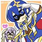 1boy 1girl blue_eyes brother_and_sister cape chibi circlet closed_eyes eye_mask fire_emblem fire_emblem:_genealogy_of_the_holy_war fur_trim gloves hand_in_own_hair jewelry julia_(crusader_of_light)_(fire_emblem) julia_(fire_emblem) long_hair open_mouth purple_cape purple_hair seliph_(fire_emblem) seliph_(scion_of_light)_(fire_emblem) siblings smile v white_gloves wide_sleeves yukia_(firstaid0) 