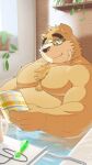  9:16 absurd_res anthro bathing bathtub bear belly biceps brown_body brown_fur detailed_background eyewear fur glasses hi_res lifewonders male mammal musclegut pecs reading solo tetillust tokyo_afterschool_summoners volos water 