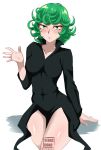  1girl absurdres black_dress blush collarbone commentary dress eyelashes green_eyes green_hair hand_up highres long_sleeves looking_at_viewer one-punch_man sebasdono short_hair sitting solo tatsumaki thighs 