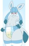  ambiguous_gender anthro blue_body blue_diaper blue_fur blush bodily_fluids clothed clothing diaper diaper_fetish diaper_only eeveelution embarrassed fur generation_4_pokemon genital_fluids girly glaceon grabbing_diaper green_eyes hand_on_diaper hardscales hi_res legwear looking_away nintendo nipples pattern_diaper pokemon pokemon_(species) pull-ups_(diaper) rectangle simple_background snow snowflake solo thigh_highs topless touching_diaper urine wearing_diaper wet_diaper wetting wetting_diaper white_diaper 