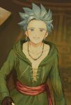  1boy black_gloves blue_eyes blue_hair camus_(dq11) dragon_quest dragon_quest_xi earrings fingerless_gloves forehead gloves gold_earrings green_tunic grin highres jewelry long_sleeves male_focus necklace pikara red_sash sash smile solo 