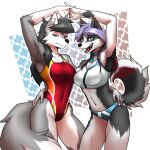  1:1 2022 5_fingers absurd_res anthro blue_clothing canid canine canis clothing diamond_(valor-force) digital_media_(artwork) female fingers fur hi_res mammal multicolored_body multicolored_fur myke_greywolf_(character) mykegreywolf one-piece_swimsuit open_mouth red_clothing solo swimwear teeth topwear white_clothing wolf 