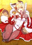  1girl animal_ears black_pantyhose blonde_hair braid breasts cat covered_nipples eyelashes fang granblue_fantasy highres himukai_kyousuke lying medium_breasts on_back one_eye_closed open_mouth pantyhose petting red_ribbon ribbon rope sandals short_hair skin_fang solo thighs vajra_(granblue_fantasy) yellow_eyes 