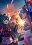  3girls absurdres aqua_eyes belt black_belt blonde_hair blue_hair blue_wings crosswalk elira_pendora eyewear_on_head finana_ryugu green_hair grin head_wings heterochromia high_ponytail highres jewelry lazulight leah_(134aah) long_skirt low_twintails medium_hair multiple_girls necklace nijisanji nijisanji_en pointy_ears pomu_rainpuff purple_eyes purple_skirt red_eyes round_eyewear skirt smile twintails virtual_youtuber white_bag white_skirt wings 