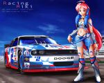  1girl blue_shorts car character_name cloud crop_top dodge_(company) dodge_challenger dodge_challenger_(3rd_generation) goodyear halterneck headset long_hair looking_at_viewer midriff motor_vehicle nascar navel pink_eyes pink_hair race_queen racetrack see-through_shorts sf-a2_miki shorts sky smile solo standing thrux vehicle_focus very_long_hair vocaloid white_footwear 
