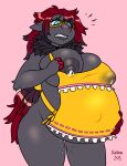  absurd_res anthro apron big_breasts blush bodily_fluids breasts choker clothing dressing eyewear female generation_5_pokemon glasses hair hi_res holding_belly huge_breasts jewelry lactating necklace nintendo pokemon pokemon_(species) pregnant red_hair solo surprise tight_clothing xalloir zoroark 