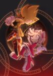  amy_rose artist_name boots bulletstations dress gloves hairband hedgehog hedgehog_boy hedgehog_ears hedgehog_girl hedgehog_tail highres looking_at_another red_dress red_eyes red_footwear red_hairband shoes smile sonic_(series) sonic_the_hedgehog super_amy_rose super_sonic white_gloves yellow_eyes yellow_fur 