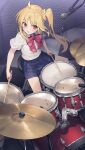  1girl ahoge blonde_hair blue_skirt blush bocchi_the_rock! bow bowtie checkered_floor collared_shirt cymbals drum drum_set drumsticks from_above hair_ornament hair_scrunchie highres holding holding_drumsticks ijichi_nijika instrument kaito_(k4itoh) long_hair microphone miniskirt music open_mouth parted_bangs playing_instrument pleated_skirt red_bow red_bowtie red_eyes revision school_uniform scrunchie shimokitazawa_high_school_uniform shirt shirt_tucked_in short_sleeves side_ponytail sidelocks sitting skirt solo thighs white_shirt yellow_scrunchie 