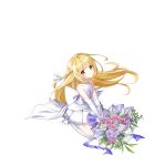  1girl :&lt; back_bow bare_arms blonde_hair bouquet bow braid bridal_gauntlets closers crying dress flat_chest flower frilled_thighhighs frills full_body hair_ribbon highres holding holding_bouquet kneeling lace-trimmed_dress lace_trim long_hair looking_at_viewer lucy_(closers) official_art pink_flower pink_rose purple_flower purple_rose ribbon rose short_dress side_braid sleeveless sleeveless_dress solo streaming_tears tachi-e tears thighhighs wedding_dress white_background white_bow white_bridal_gauntlets white_dress white_ribbon white_thighhighs yellow_eyes 