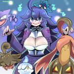  1girl @_@ adapted_costume ahoge blue_background breasts cleavage_cutout clothing_cutout commentary_request disembodied_limb dragodragodran fangs gourgeist haunter hex_maniac_(pokemon) highres large_breasts litwick looking_at_viewer looking_back murkrow nail_polish one_eye_closed open_mouth pokemon pokemon_(game) pokemon_xy pumpkaboo purple_eyes purple_hair smile solid_oval_eyes yellow_eyes 