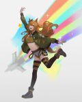  1girl aircraft airplane animal_ears arm_up belt bomber_jacket boots brown_thighhighs crop_top dog_tags ear_bow fighter_jet full_body green_jacket grey_footwear horse_ears horse_girl horse_tail jacket jet long_hair mayano_top_gun_(umamusume) midriff military military_vehicle navel one_eye_closed open_clothes open_jacket open_mouth orange_eyes orange_hair outstretched_arms rainbow shirt short_shorts shorts smile solo sparkle star_(symbol) tail thighhighs two_side_up umamusume white_shorts youmicitrustea 