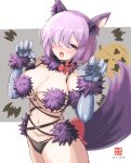  1girl absurdres animal_ears bare_shoulders black_panties blush bow breasts cleavage elbow_gloves fate/grand_order fate_(series) fur-trimmed_gloves fur_collar fur_trim gloves hair_over_one_eye highres iron_samurai large_breasts looking_at_viewer mash_kyrielight mash_kyrielight_(dangerous_beast) navel o-ring open_mouth panties purple_eyes purple_gloves revealing_clothes short_hair solo tail thighs underwear wolf_ears wolf_tail 