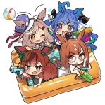  4girls @_@ ahoge animal_ears ball beachball blue_eyes blue_hair blue_headwear blush braid brown_eyes brown_hair cabbie_hat glasses hat heterochromia holding holding_water_gun horse_ears horse_girl horse_tail ikuno_dictus_(umamusume) long_hair matikane_tannhauser_(umamusume) medium_hair multiple_girls nanahamu nice_nature_(umamusume) one_eye_closed open_mouth orange_hair purple_eyes red_hair sharp_teeth sidelocks single_braid smile tail teeth twin_turbo_(umamusume) twintails umamusume wading_pool water water_gun white_hair 